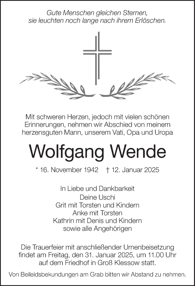  Traueranzeige für Wolfgang Wende vom 25.01.2025 aus Lausitzer Rundschau