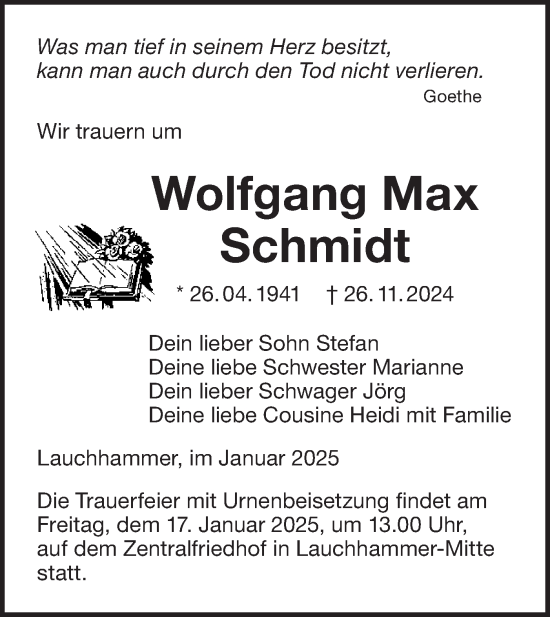 Traueranzeige von Wolfgang Max Schmidt von Lausitzer Rundschau