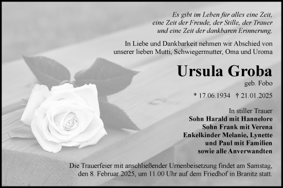 Traueranzeige von Ursula Groba von Lausitzer Rundschau
