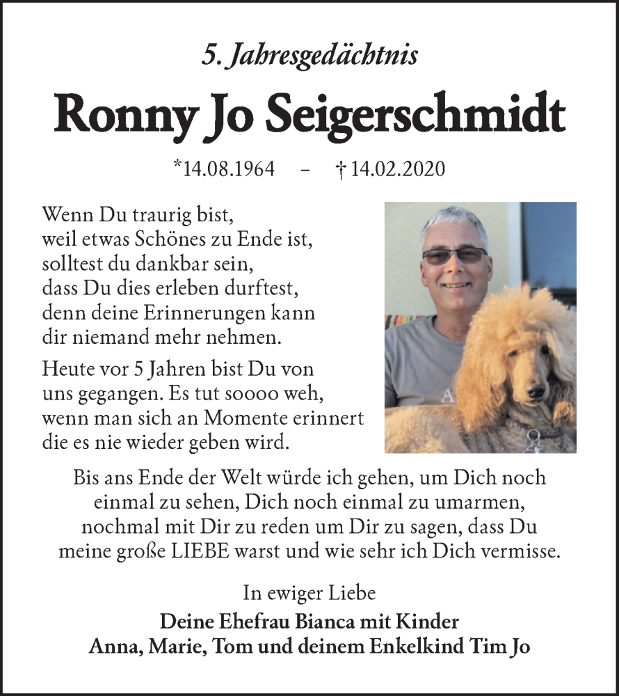  Traueranzeige für Ronny Jo Seigerschmidt vom 14.02.2025 aus Lausitzer Rundschau