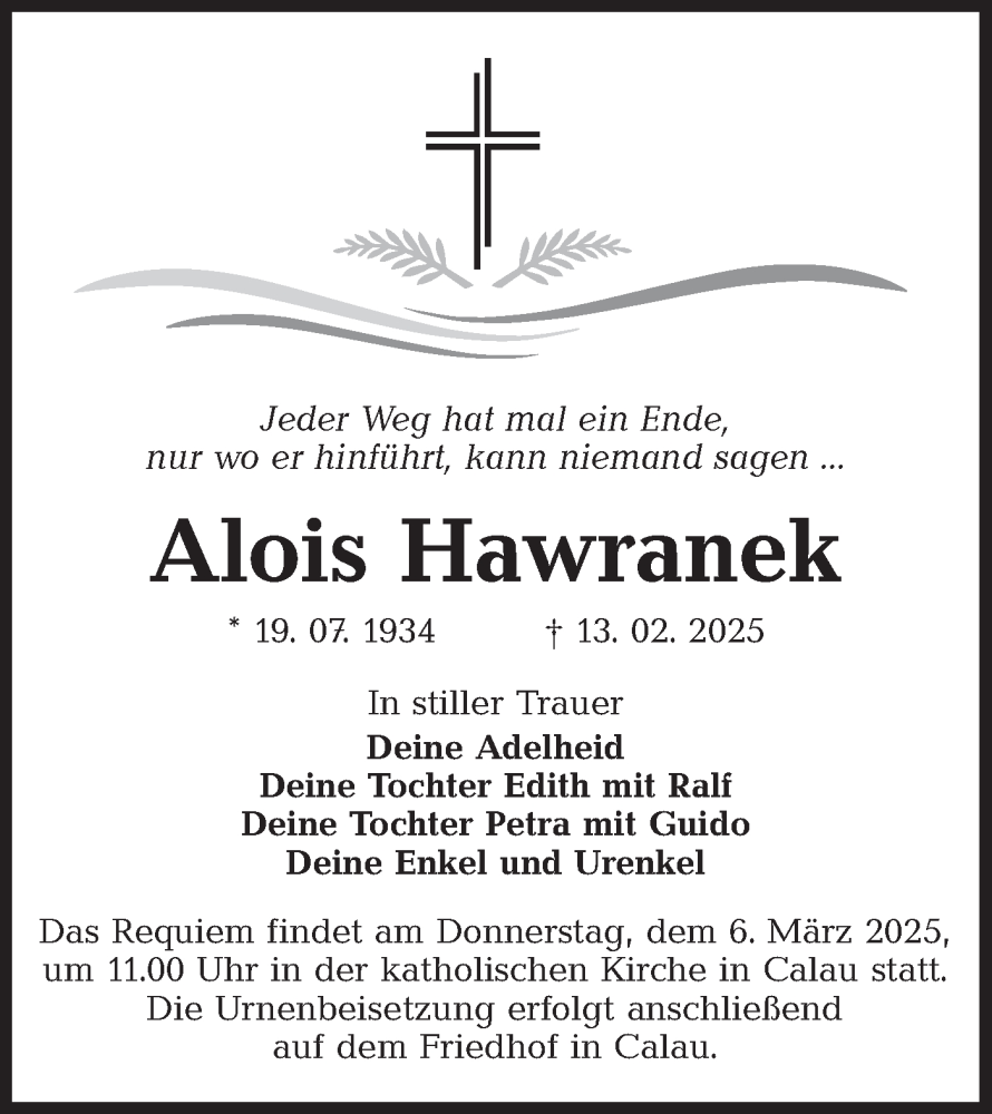  Traueranzeige für Alois Hawranek vom 22.02.2025 aus Lausitzer Rundschau
