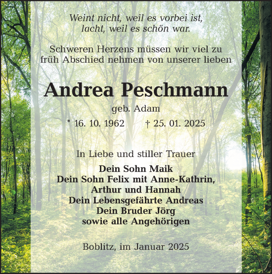 Traueranzeige von Andrea Peschmann von Lausitzer Rundschau