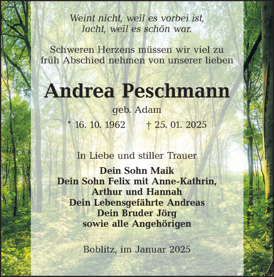 Traueranzeige von Andrea Peschmann von Lausitzer Rundschau
