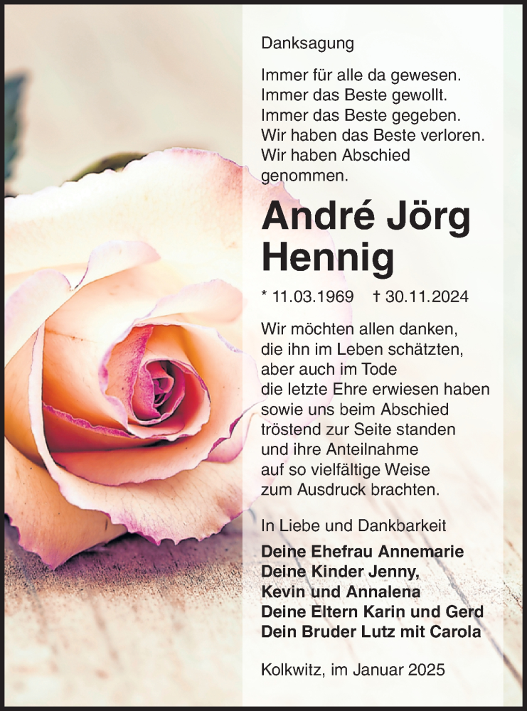  Traueranzeige für Andre Jörg Hennig vom 01.02.2025 aus Lausitzer Rundschau