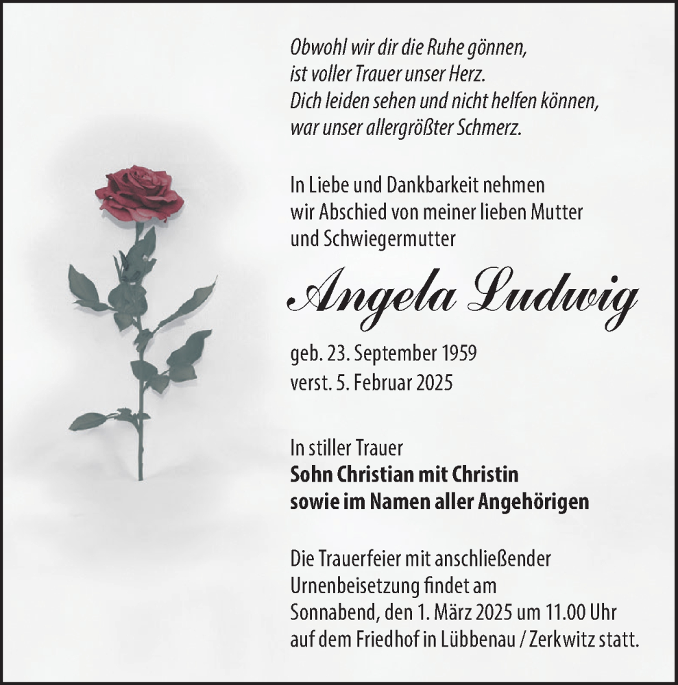  Traueranzeige für Angela Ludwig vom 15.02.2025 aus Lausitzer Rundschau