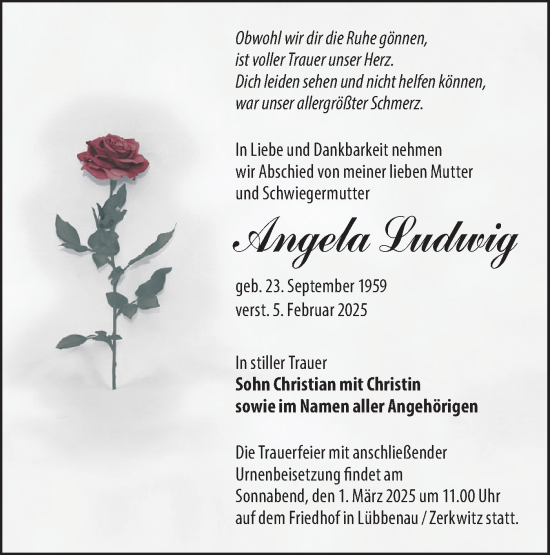 Traueranzeige von Angela Ludwig von Lausitzer Rundschau
