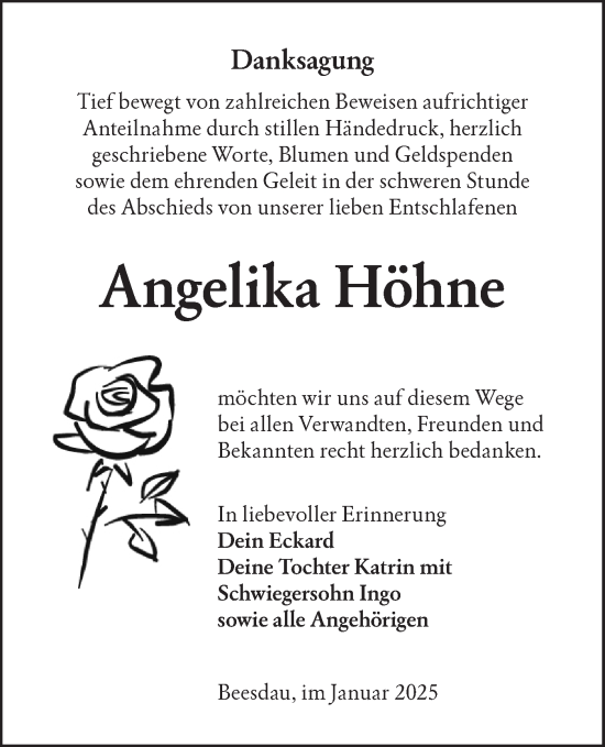 Traueranzeige von Angelika Höhne von Lausitzer Rundschau