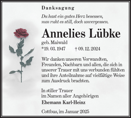 Traueranzeige von Annelies Lübke von Lausitzer Rundschau