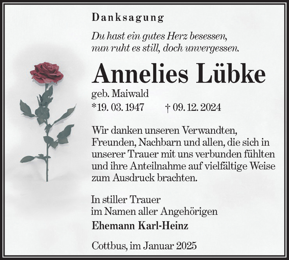  Traueranzeige für Annelies Lübke vom 01.02.2025 aus Lausitzer Rundschau