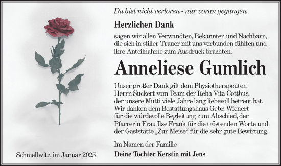 Traueranzeige von Anneliese Gumlich von Lausitzer Rundschau
