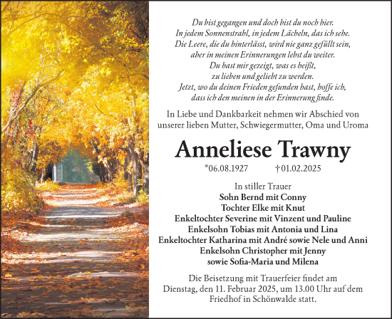 Traueranzeige von Anneliese Trawny von Lausitzer Rundschau