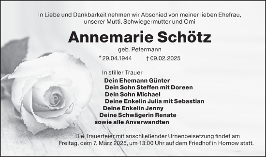 Traueranzeige von Annemarie Schötz von Lausitzer Rundschau