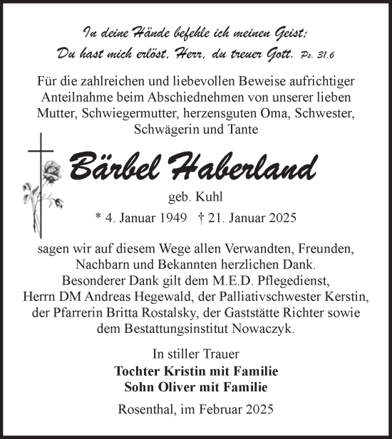 Traueranzeige von Bärbel Haberland von Lausitzer Rundschau