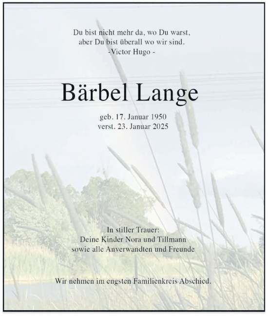 Traueranzeige von Bärbel Lange von Lausitzer Rundschau