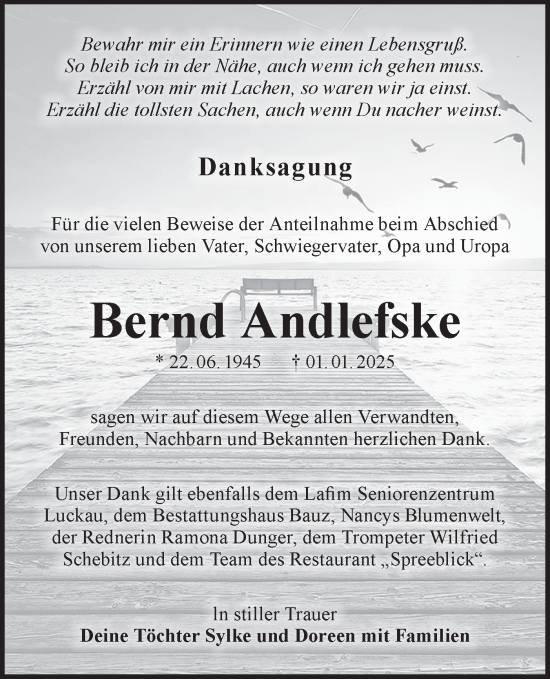 Traueranzeige von Bernd Andlefske von Lausitzer Rundschau
