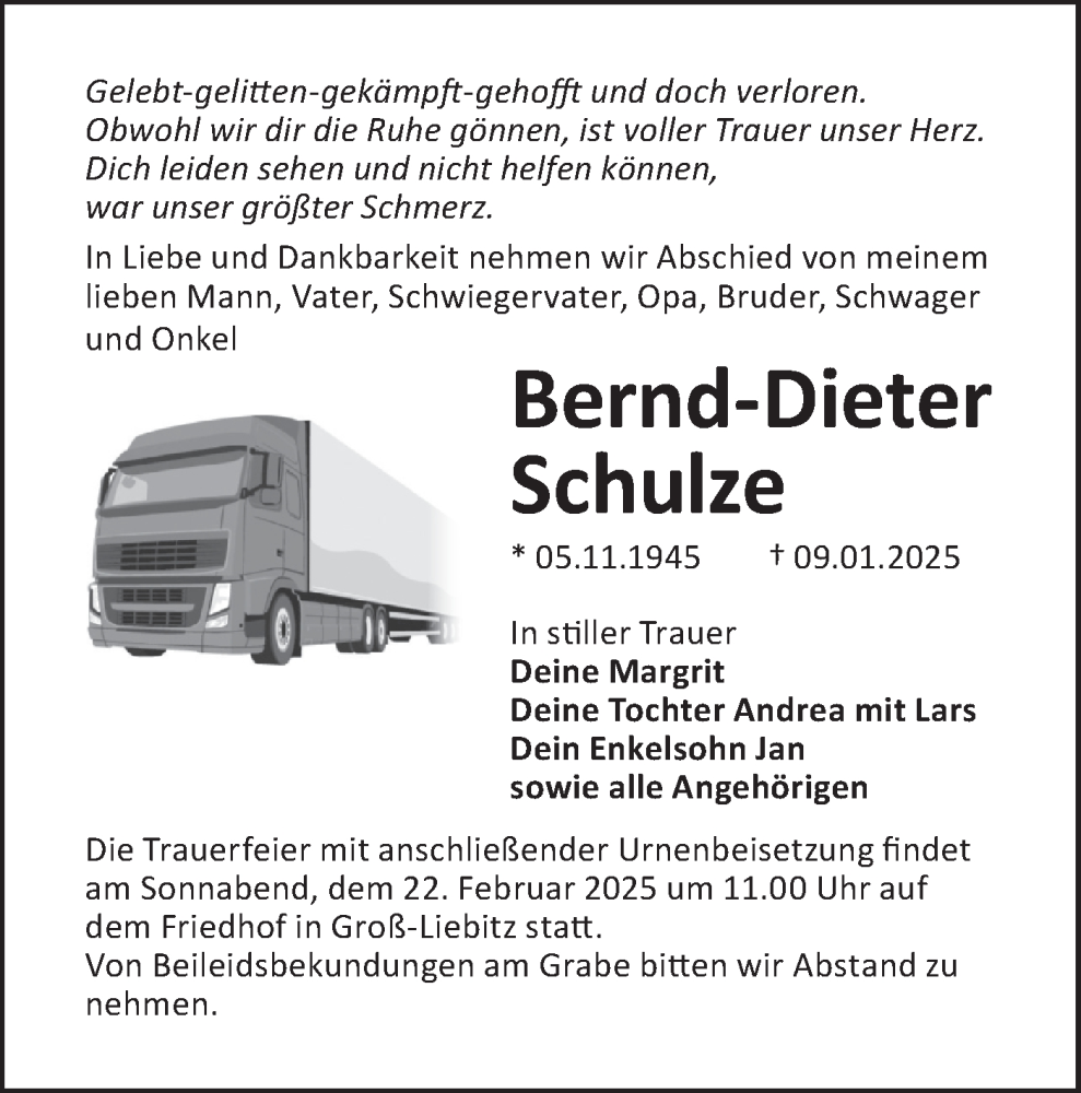  Traueranzeige für Bernd-Dieter Schulze vom 08.02.2025 aus Lausitzer Rundschau