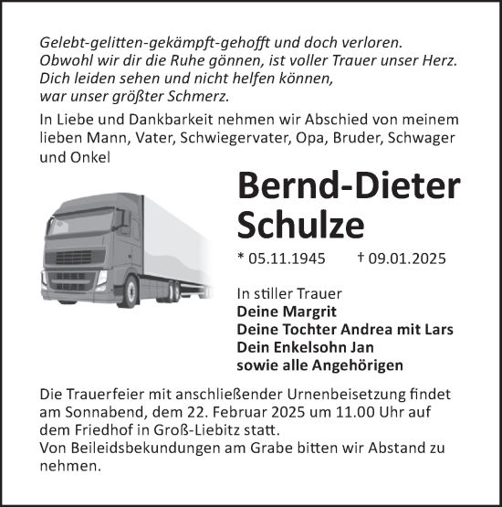 Traueranzeige von Bernd-Dieter Schulze von Lausitzer Rundschau
