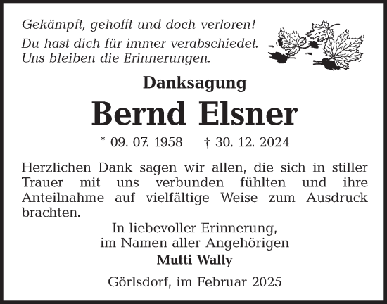 Traueranzeige von Bernd Elsner von Lausitzer Rundschau