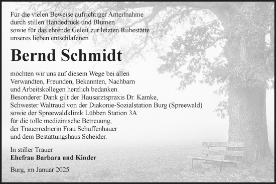 Traueranzeige von Bernd Schmidt von Lausitzer Rundschau