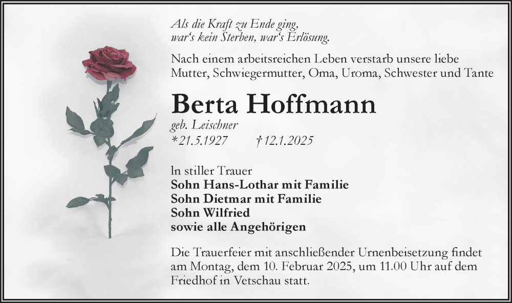  Traueranzeige für Berta Hoffmann vom 01.02.2025 aus Lausitzer Rundschau