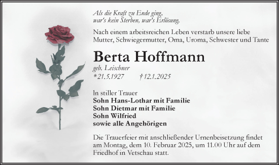 Traueranzeige von Berta Hoffmann von Lausitzer Rundschau