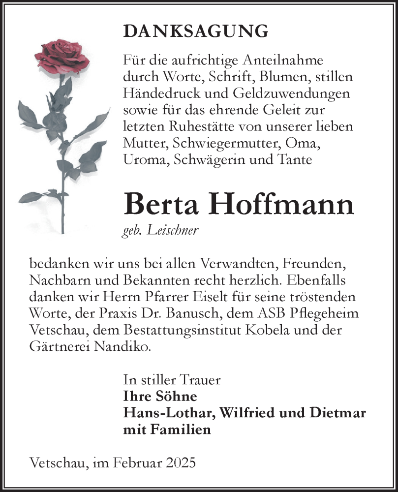  Traueranzeige für Berta Hoffmann vom 22.02.2025 aus Lausitzer Rundschau