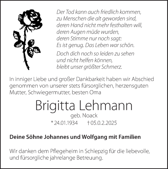 Traueranzeige von Brigitta Lehmann von Lausitzer Rundschau