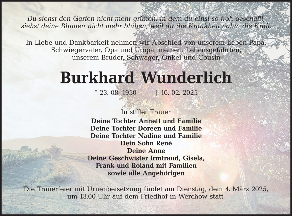 Traueranzeige für Burkhard Wunderlich vom 22.02.2025 aus Lausitzer Rundschau