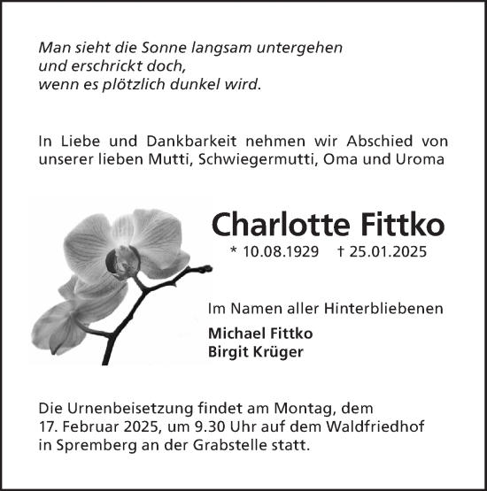 Traueranzeige von Charlotte Fittko von Lausitzer Rundschau