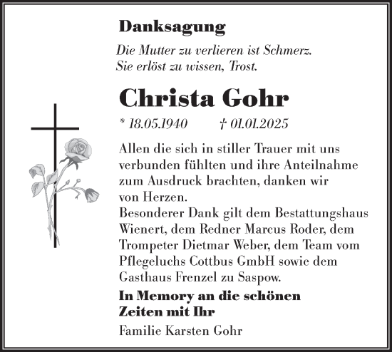 Traueranzeige von Christa Gohr von Lausitzer Rundschau