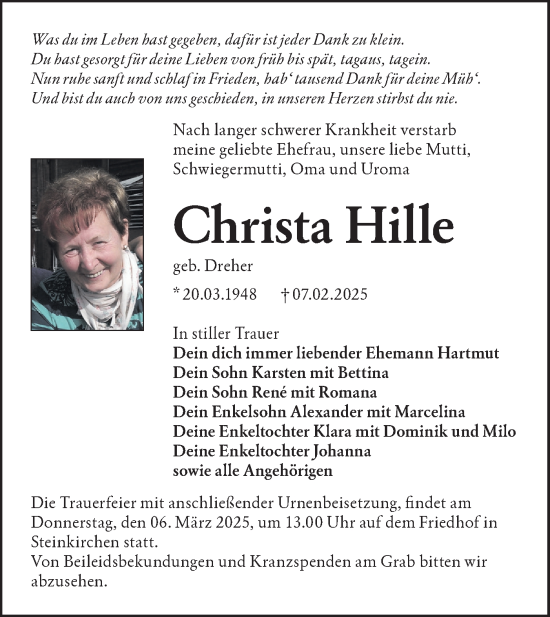 Traueranzeige von Christa Hille von Lausitzer Rundschau