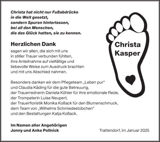 Traueranzeige von Christa Kasper von Lausitzer Rundschau