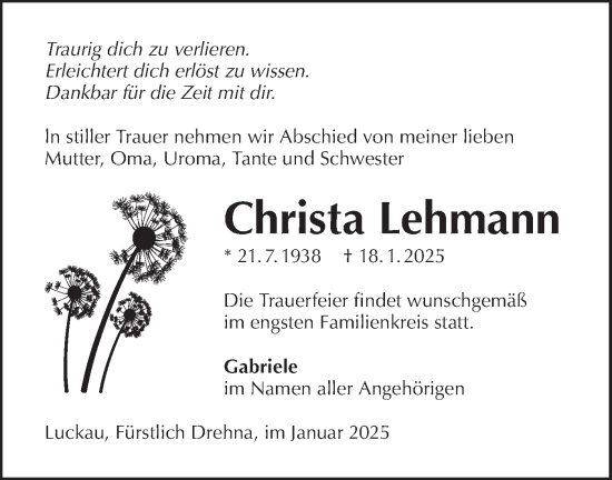Traueranzeige von Christa Lehmann von Lausitzer Rundschau