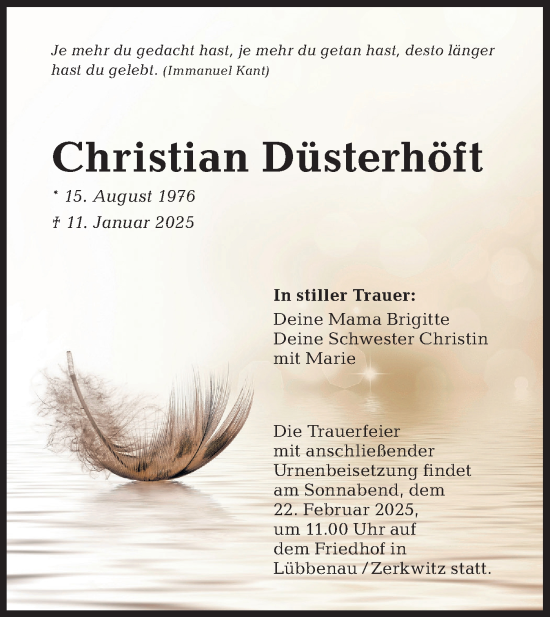 Traueranzeige von Christian Düsterhöft von Lausitzer Rundschau