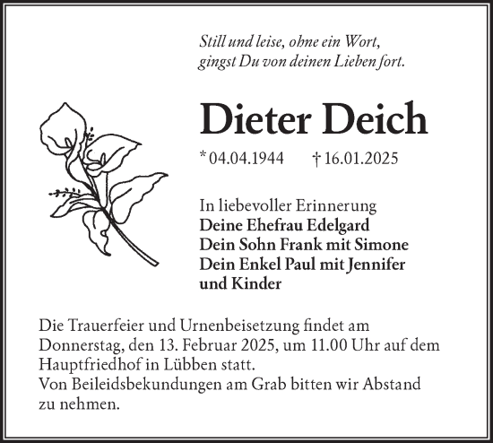 Traueranzeige von Dieter Deich von Lausitzer Rundschau