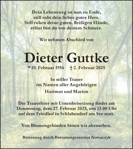 Traueranzeige von Dieter Guttke von Lausitzer Rundschau