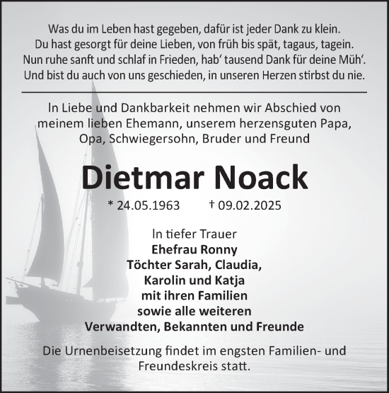 Traueranzeige von Dietmar Noack von Lausitzer Rundschau