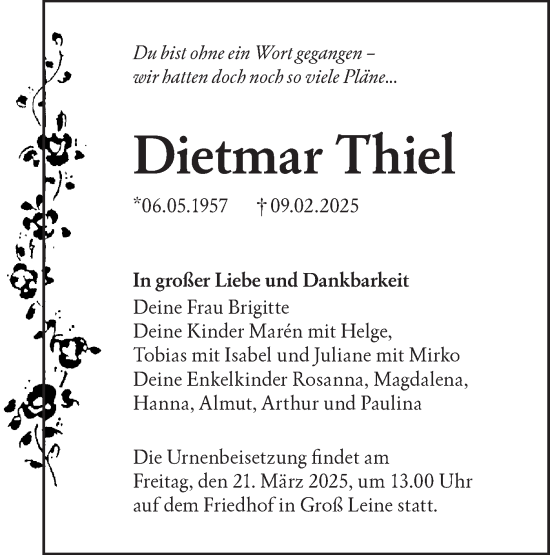 Traueranzeige von Dietmar Thiel von Lausitzer Rundschau