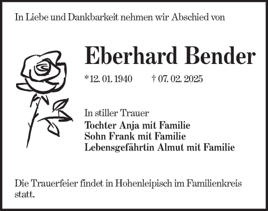 Traueranzeige von Eberhard Bender von Lausitzer Rundschau