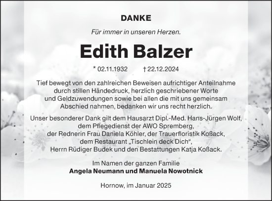 Traueranzeige von Edith Balzer von Lausitzer Rundschau