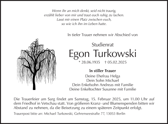Traueranzeige von Egon Turkowski von Lausitzer Rundschau