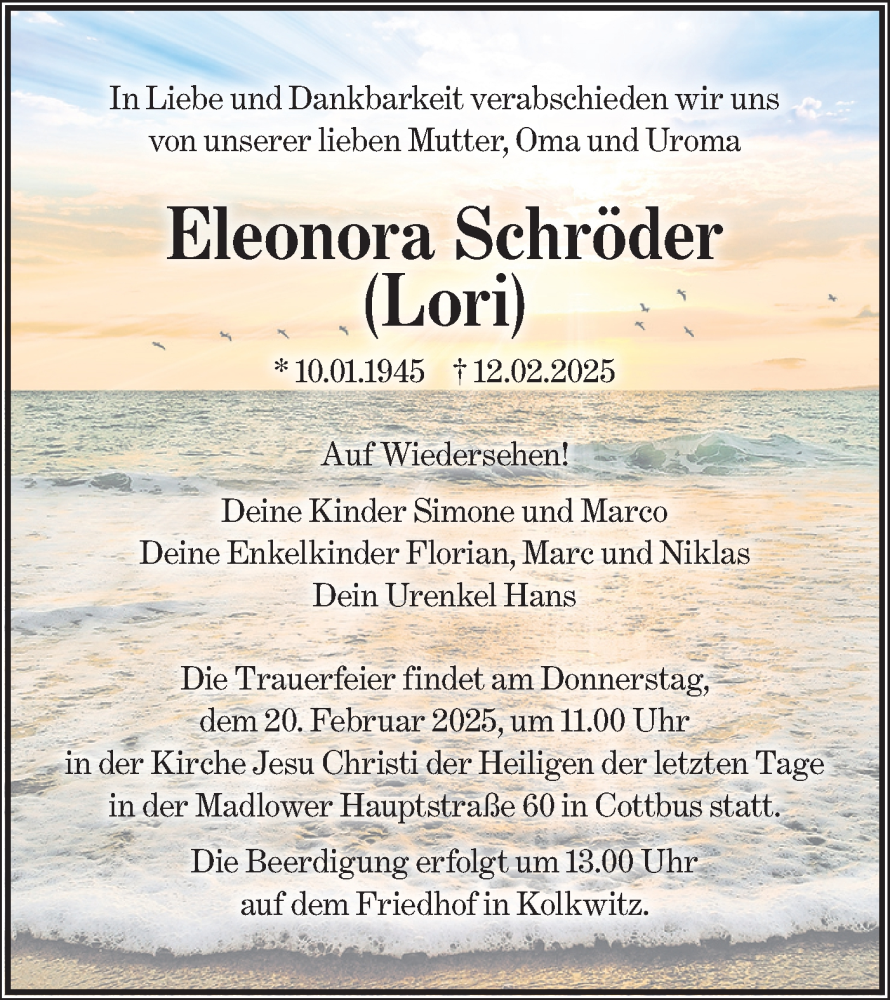  Traueranzeige für Eleonora Schröder vom 15.02.2025 aus Lausitzer Rundschau