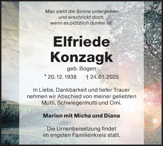 Traueranzeige von Elfriede Konzagk von Lausitzer Rundschau