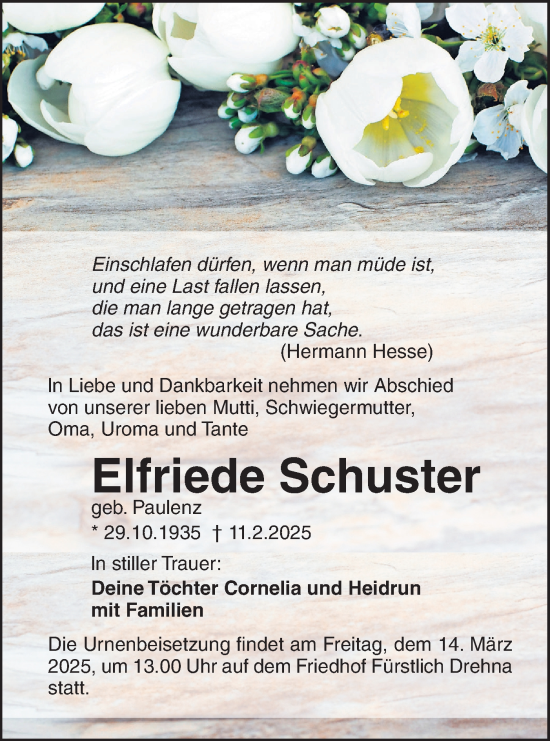 Traueranzeige von Elfriede Schuster von Lausitzer Rundschau