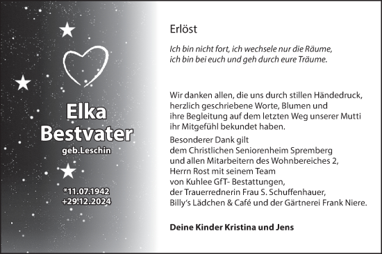 Traueranzeige von Elka Bestvater von Lausitzer Rundschau