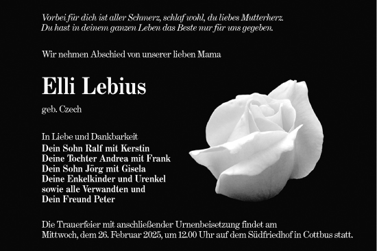 Traueranzeige von Elli Lebius von Lausitzer Rundschau