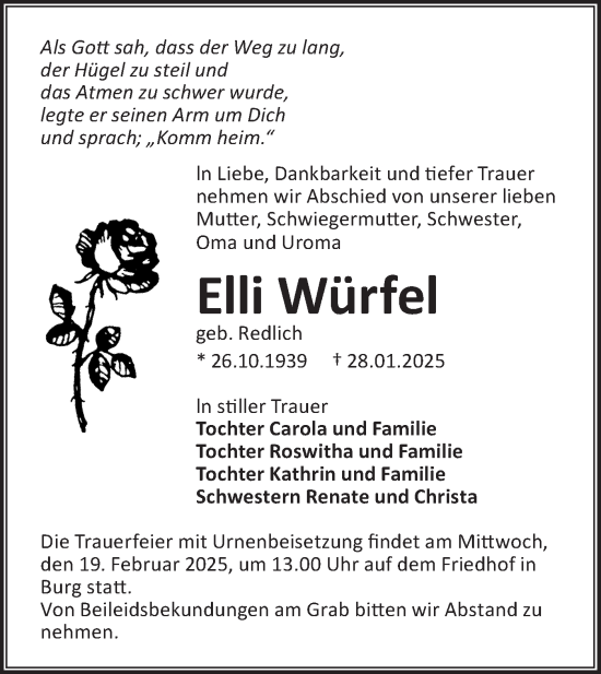 Traueranzeige von Elli Würfel von Lausitzer Rundschau