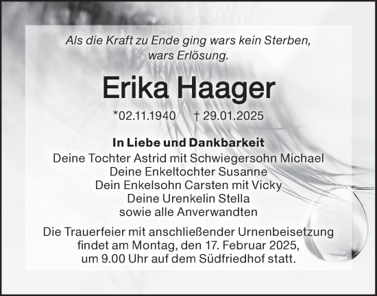 Traueranzeige von Erika Haager von Lausitzer Rundschau