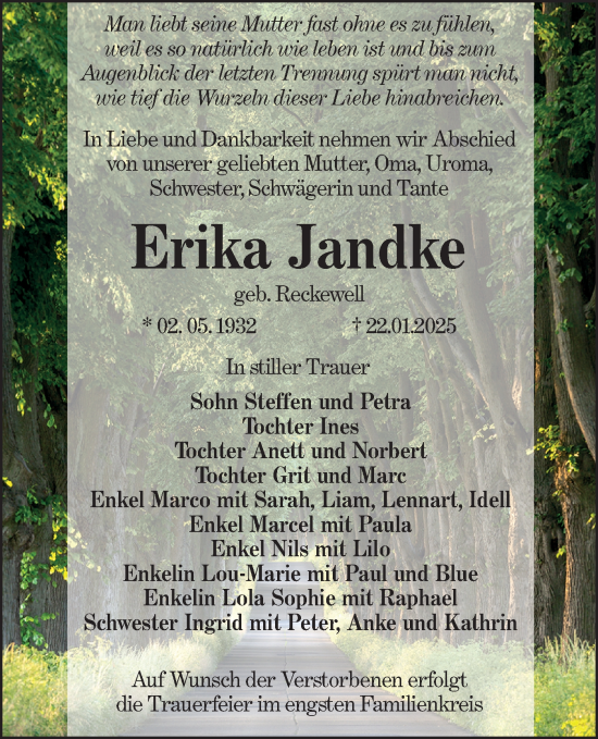 Traueranzeige von Erika Jandke von Lausitzer Rundschau