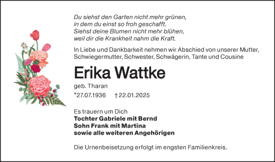 Traueranzeige von Erika Wattke von Lausitzer Rundschau